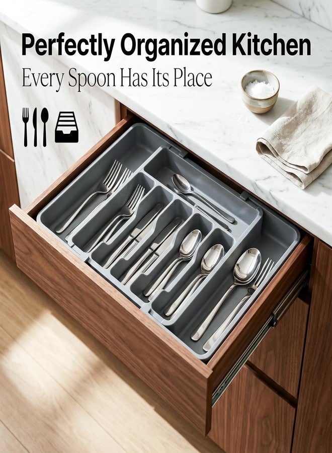 Tarev Drawer Organizer Tray/Kitchen Expandable Utensil Tray/Adjustable Utensil Organizer/Cutlery Silverware Flatware Holder/Divider for Spoons Forks Knives Tableware (Grey, 1 Pcs) - Image 5